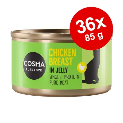Cosma Pure Love Chicken Breast in Jelly, Single Protein Pure Meat. Embalagem de 36 x 85 g visível no canto superior direito. Cosma Pure Love Chicken Breast in Jelly, Single Protein Pure Meat. Embalagem de 36 x 85 g visível no canto superior direito.