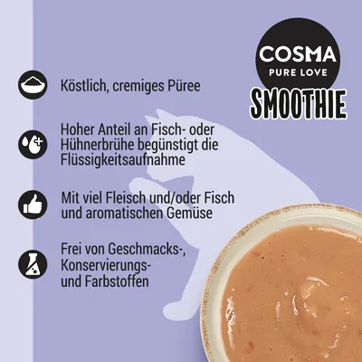 Cosma Smoothie. Piure delicios și cremos. Conținut ridicat de supă de pește sau pui pentru hidratare. Cu carne, pește și legume. Fără arome, conservanți sau coloranți.