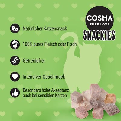 COSMA PURE LOVE SNACKIES. Натюрlicher Katzensnack, 100% pures Fleisch oder Fisch, Getreidefrei, Intensiver Geschmack, Besonders hohe Akzeptanz – auch bei sensiblen Katzen (текст на немецком).