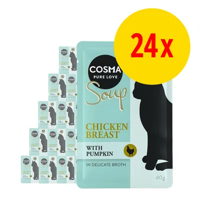 Cosma Pure Love Soup Chicken Breast with Pumpkin, in delicate broth, 40 g. Pakke med 24 stk. Synlig sort kattefigur på emballagen.