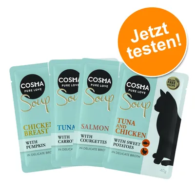 Cosma Pure Love Soup. Okusi: pileća prsa s bundevom, tuna s mrkvom, losos s tikvicom, tuna i piletina sa slatkim krumpirom. Recept bez žitarica. Cosma Pure Love Soup. Okusi: pileća prsa s bundevom, tuna s mrkvom, losos s tikvicom, tuna i piletina sa slatkim krumpirom. Recept bez žitarica.