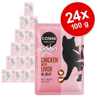 Cosma Pure Love Asia Chicken with Liver in Jelly macskaeledel, 24×100 g tasakos csomagolásban. Felirat: multi protein, pure meat.