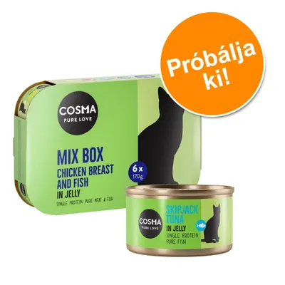 COSMA PURE LOVE Mix Box Chicken Breast and Fish in Jelly 6×170g, Skipjack Tuna in Jelly konzerv. Narancssárga körben: Próbálja ki!