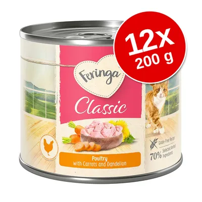 Conservă Feringa Classic, Poultry with Carrots and Dandelion, 12x200 g. Rețetă fără cereale, 70 % ingrediente animale selectate. Imagine cu pisică și morcovi pe etichetă.