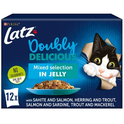 Latz Doubly Delicious Mixed selection in jelly, 12x portions. Text: No colourants, same great taste. Med sahite och lax, sill och öring, lax och sardiner, öring och makrill.