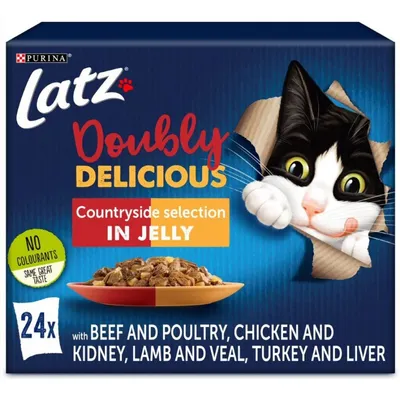 Latz Doubly Delicious Countryside selection in jelly, 24 annosta. Ei väriaineita. Sisältää naudanlihaa ja siipikarjaa, kanaa ja munuaista, lammasta ja vasikkaa, kalkkunaa ja maksaa.