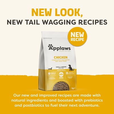 Applaws Chicken torrfoder för små och medelstora hundar, ny recept med naturliga ingredienser, prebiotika och postbiotika, 1 kg förpackning.