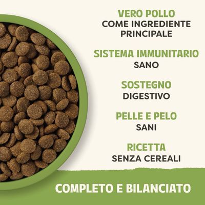 Ciotola con crocchette. Testo: vero pollo come ingrediente principale, sistema immunitario sano, supporto alla digestione, pelle e pelo sani, ricetta senza cereali, completa e bilanciata.