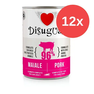 Konzerva Disugual Maiale Pork, 96 % vepřového masa, balení 12×. Text: Formulato con unica fonte proteica animale, alimento completo per cani adulti, complete pet food for adult dogs.