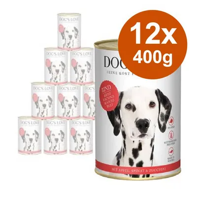 12 lattine da 400 g di cibo per cani DOC'S LOVE, visibile scritta 'Rind' e immagine di un cane dalmata sull'etichetta. Testo: mit Apfel, Spinat & Zucchini.