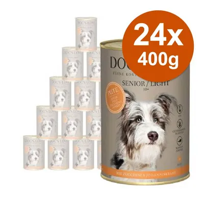 Confezione da 24 lattine da 400 g di DOG'S LOVE Senior/Light 10+ con tacchino, zucchine e erba di San Giovanni. Immagine della lattina con cane sul fronte e testo visibile.