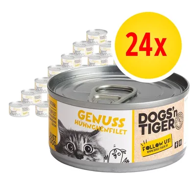 Confezione da 24 lattine DOGS'n TIGER, testo visibile: GENUSS HÜHNCHENFILET, immagine di gatto e pollo sulla confezione, linguetta in metallo, sito web www.dogs-tiger.de.