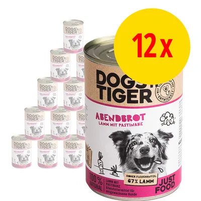 Lot de 12 boîtes DOGS'n TIGER ABENDBROT Lamm mit Pastinake, 67 % Lamm, 100 % Natural, texte en allemand sur l’étiquette, image d’un chien sur la boîte. Lot de 12 boîtes DOGS'n TIGER ABENDBROT Lamm mit Pastinake, 67 % Lamm, 100 % Natural, texte en allemand sur l’étiquette, image d’un chien sur la boîte.