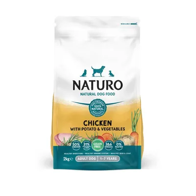 Chicken with potato and vegetables, grain free, 50% chicken, 31% vegetables, 3.6% omegas, 0% nasties, for adult dogs aged 1-7 years, 2kg pack.
