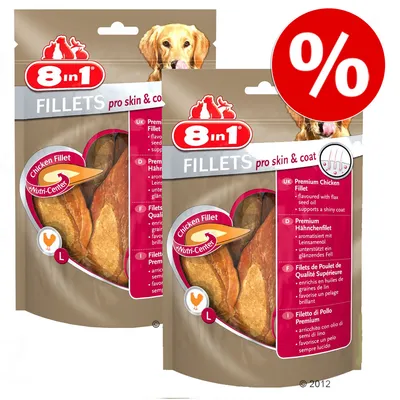 8in1 FILLETS pro skin & coat, Chicken Fillet Nutri-Center, voordeelverpakking met zichtbaar kipfiletproduct en grote rode procentteken voor korting.