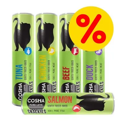 Cosma Pure Love Snackies: TUNA, CHICKEN, BEEF, DUCK, SALMON. Gently freeze-dried, 100% pure meat lub fish. Znak procentowy sugerujący promocję.