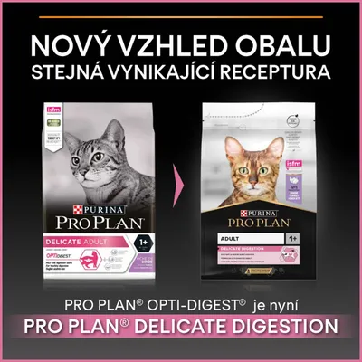 Porovnání starého a nového obalu krmiva PURINA PRO PLAN pro kočky: DELICATE ADULT OPTI-DIGEST nyní jako ADULT DELICATE DIGESTION. Text: Nový vzhled obalu, stejná receptura.