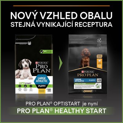 Porovnanie starého a nového balenia Purina Pro Plan Large Athletic Puppy. Optistart je teraz Healthy Start. Text: Nový vzhľad obalu, rovnaká vynikajúca receptúra.