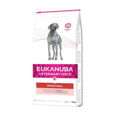 Eukanuba Veterinary Diets Intestinal, 12 kg. Diätfutter zur Unterstützung der gesunden Verdauung. Abbildung eines Hundes auf der Verpackung.