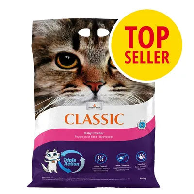 Intersand Classic Baby Powder kissanhiekka, Triple Action, 14 kg. Keltainen merkki: TOP SELLER. Pakkauksessa kissan kuva ja ominaisuudet: hajunhallinta, paakkuuntuminen, pölytön.
