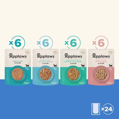 Applaws kattefoder multipakke: 6 x tunfilet, 6 x tunfilet med havbrasen, 6 x tunfilet med ansjos & tang, 6 x tunfilet med laks, i alt 24 poser à 70 g.