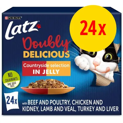 Latz Doubly Delicious Countryside selection in jelly, 24x. Ingen farvestoffer. Oksekød og fjerkræ, kylling og nyre, lam og kalv, kalkun og lever. Purina brand synligt.