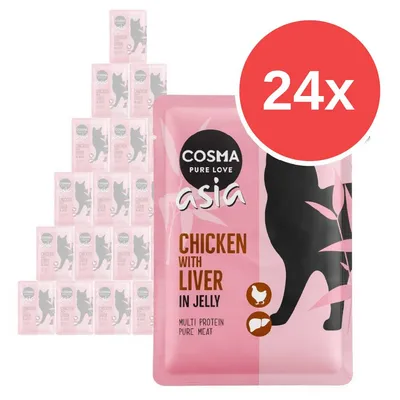 Cosma Pure Love Asia Chicken with Liver in Jelly, confezione da 24 bustine. Testo visibile: multi protein, pure meat. Immagine di gatto stilizzato su sfondo rosa.