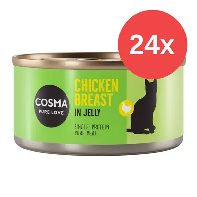 Cosma Pure Love Chicken Breast in Jelly, Single Protein Pure Meat, confezione da 24x. Testo in inglese sull'etichetta della lattina.