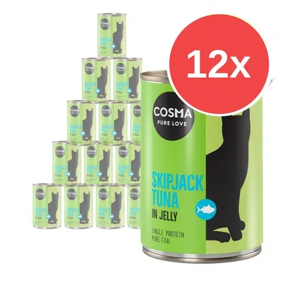 12 lattine Cosma Pure Love Skipjack Tuna in Jelly, testo visibile: single protein pure fish, confezione verde con silhouette di gatto nera.
