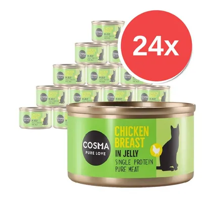 24 lattine Cosma Pure Love Chicken Breast in Jelly, Single Protein Pure Meat. Etichetta verde con silhouette di gatto e scritta visibile sul fronte della confezione.