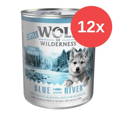 Lata de comida para perros Wolf of Wilderness Blue River Junior, 800 g. Pack de 12 unidades. Texto visible: 100 % grain-free, chicken & salmon with fruits of the forest, roots and wild herbs.