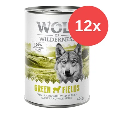 Wolf of Wilderness Green Fields, 12x400g, 100% grain-free recipe, fresh lamb with wild berries, roots and wild herbs. Testo in inglese sull'etichetta.