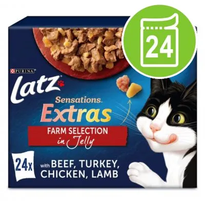 Latz Sensations Extras Farm Selection in Jelly, 24x portions med nötkött, kalkon, kyckling, lamm. Purina. Bild på katt och matbitar i gelé.