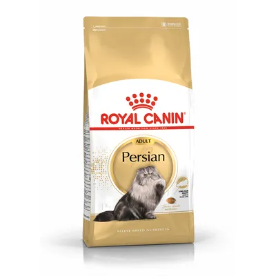 Zak Royal Canin Adult Persian kattenvoer, afbeelding van een Perzische kat en brokjes, tekst: 'LONG HAIR FOR ADULT PERSIAN CATS', 'TAILOR-MADE NUTRITION', 'FELINE BREED NUTRITION'.
