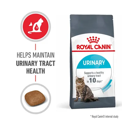 Product image showing Royal Canin Urinary food, claims to help maintain urinary tract health and support a healthy urinary tract in 10 days. Includes kibble piece and cat silhouette graphic.
