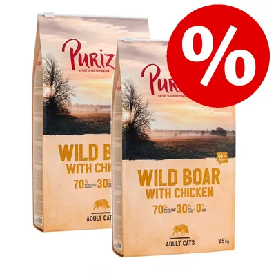 Два пакета Purizon Wild Boar with Chicken за котки, 6,5 кг, с надпис 70% животински съставки, 30% плодове и зеленчуци, 0% зърно. Червен символ за процентна отстъпка.