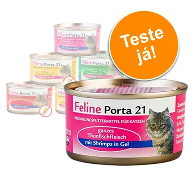 Várias latas de comida para gatos Feline Porta 21. Texto visível: 'ganzes Thunfischfleisch mit Shrimps in Gel'. Selo laranja com texto: 'Teste já!'.