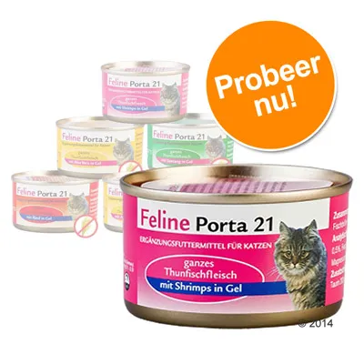 Feline Porta 21 kattenvoer, blik met opschrift: 'ganzes Thunfischfleisch mit Shrimps in Gel'. Oranje cirkel met tekst: 'Probeer nu!'. Meerdere varianten zichtbaar op de achtergrond. Feline Porta 21 kattenvoer, blik met opschrift: 'ganzes Thunfischfleisch mit Shrimps in Gel'. Oranje cirkel met tekst: 'Probeer nu!'. Meerdere varianten zichtbaar op de achtergrond.