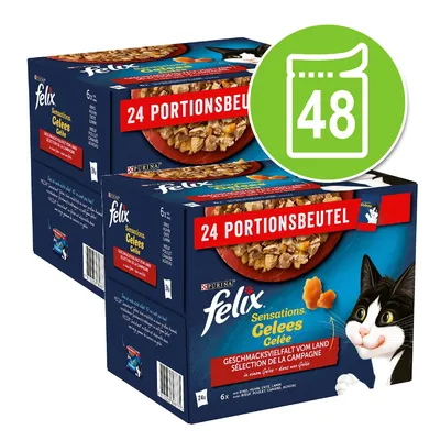 Felix Sensations Gelees macskaeledel, 2×24 tasakos csomag, összesen 48 adag. A dobozon látható: 24 PORTIONSBEUTEL, Purina felix, Sensations Gelees.