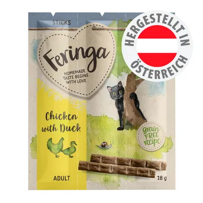 Feringa Sticks Chicken with Duck, Adult, grain free recipe, 18g. Hergestellt in Österreich. Verpackung mit Abbildungen von Katze, Huhn, Ente und Sticks. Feringa Sticks Chicken with Duck, Adult, grain free recipe, 18g. Hergestellt in Österreich. Verpackung mit Abbildungen von Katze, Huhn, Ente und Sticks.