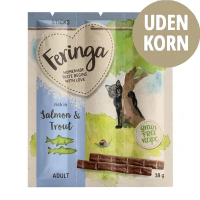 Feringa Sticks, rich in Salmon & Trout, ADULT, 18 g. Tekst: HOMEMADE TASTE BEGINS WITH LOVE, UDEN KORN, grain free recipe. Illustration af sort kat og to fisk.