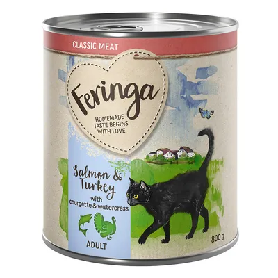Feringa Classic Meat, Salmon & Turkey with courgette & watercress, ADULT, 800 g. Illustration de chat noir et paysages sur l’emballage. Texte en anglais.