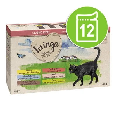 Feringa Classic Meat, 12 x 85g. Variedades: ave con zanahorias y diente de león, salmón y pavo con calabacín y berro, ternera y ave con patatas y hierba gatera, caza con arándanos rojos y diente de león.