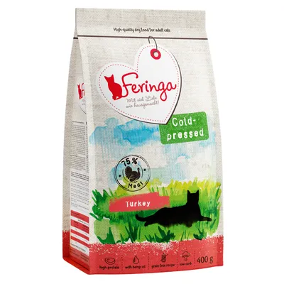 Feringa pienso seco para gatos, prensado en frío, 75% carne, variedad pavo, sin cereales, con aceite de cáñamo, rico en proteínas, bajo en carbohidratos, paquete de 400g.