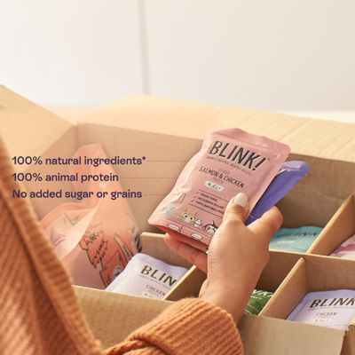 BLINK! Salmon & Chicken in Jelly. 100% natural ingredients, 100% animal protein, no added sugar or grains.