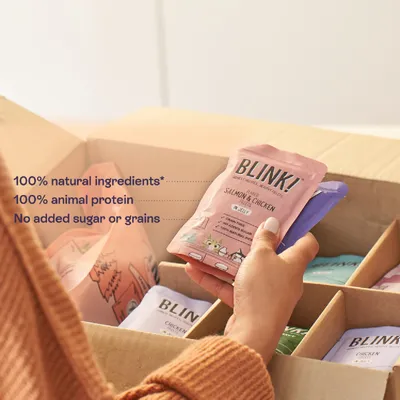 BLINK! Salmon & Chicken in Jelly. 100% natural ingredients, 100% animal protein, no added sugar or grains.