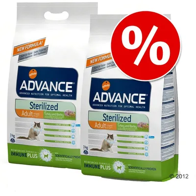 To poser Advance Sterilized Adult Turkey and Barley kattefoder 3 kg med stor rød procent-tegn, tekst: New Formula!, ImmunePlus, Scientifically Proven, Calorie Control, Urinary Care, Dental Protection. To poser Advance Sterilized Adult Turkey and Barley kattefoder 3 kg med stor rød procent-tegn, tekst: New Formula!, ImmunePlus, Scientifically Proven, Calorie Control, Urinary Care, Dental Protection.