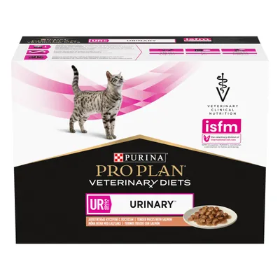 Purina Pro Plan Veterinary Diets UR St/Ox Urinary, komadići lososa, isfm certifikat, slika mačke i hrane na pakiranju.
