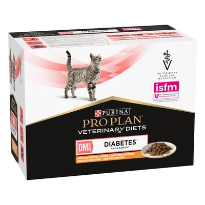Purina Pro Plan Veterinary Diets DM St Ox Diabetes displayed on packaging with a cat image, indicating product is formulated for diabetes dietary management.