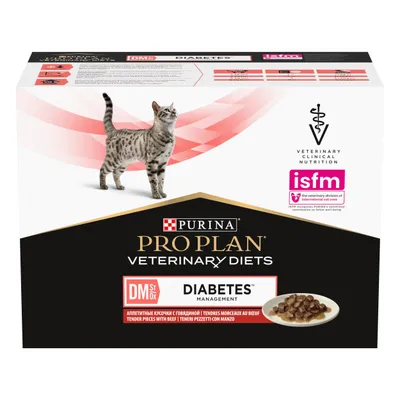 Purina Pro Plan Veterinary Diets DM Diabetes Management, tender pieces with beef. Veterinary clinical nutrition and ISFM endorsement shown on packaging.
